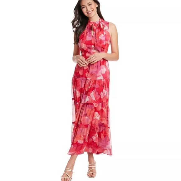 NEW London Times Fuchsia Pink Orange Floral Tiered Sleeveless Maxi Dress - Picture 1 of 9